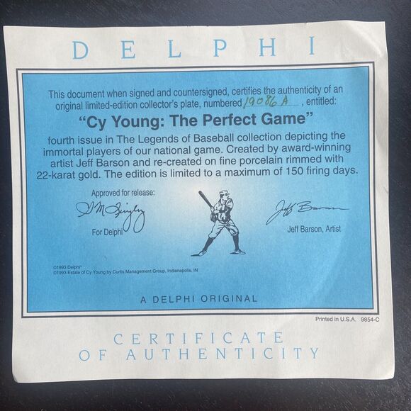 DELPHI CY YOUNG THE PERFECT GAME LARGE 8" PLATE BRADFORD EXCHANGE - Picture 3 of 7